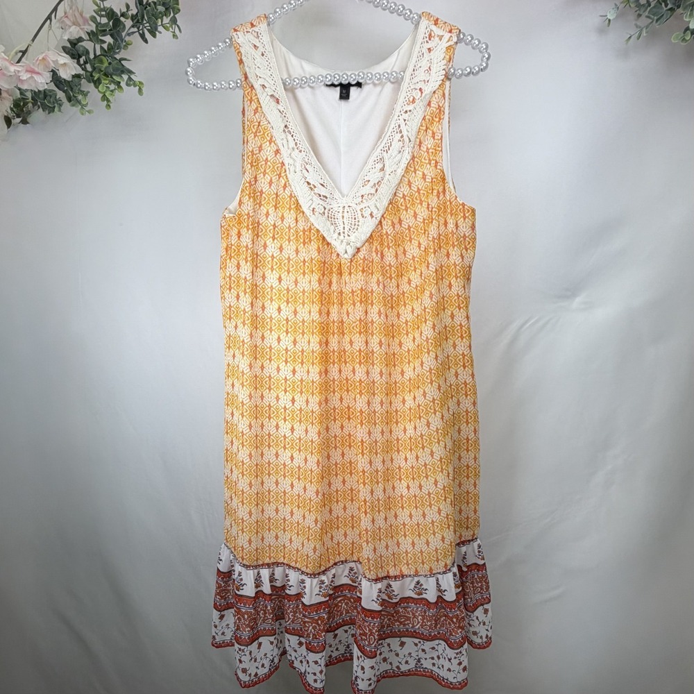 As U Wish Orange Red Crochet Red Blue Ruffle Dress Tunic Size M